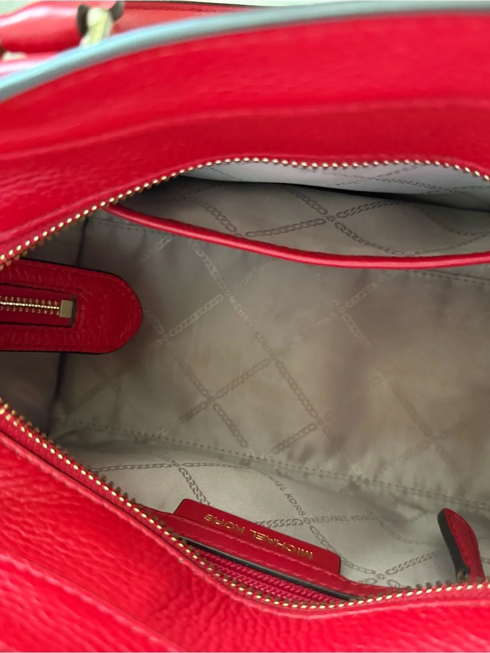 Michael Kors Red Leather Studded Satchel with Padlock Charm
